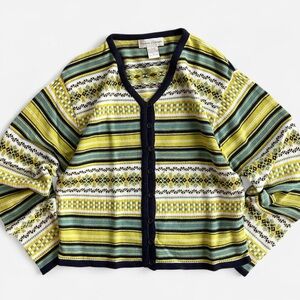 Vintage Casual Corner Multicolor Green Yellow Blue Striped Fair Isle Cardigan